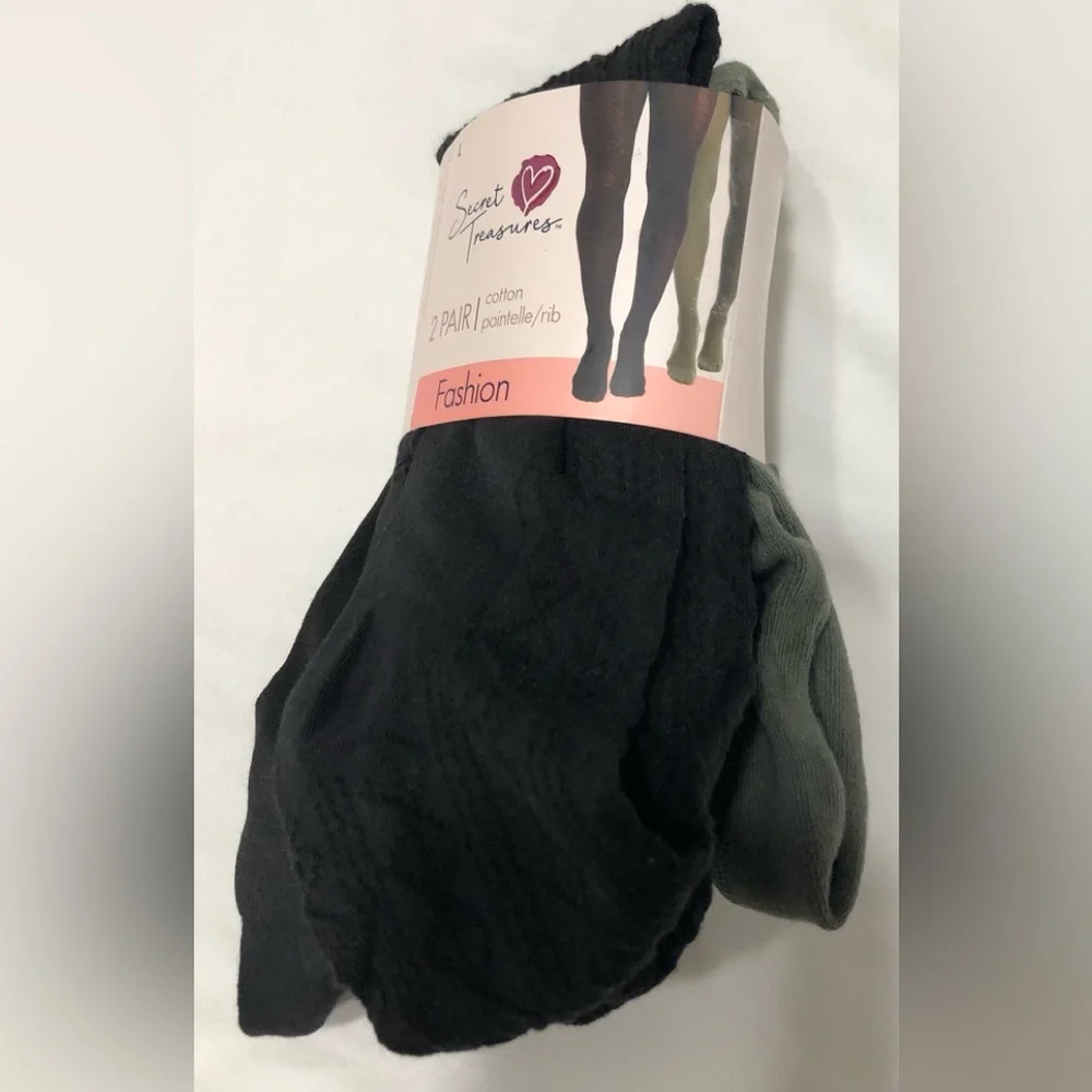 2pair Tights fashion cotton pointelle Rib black and green. Large